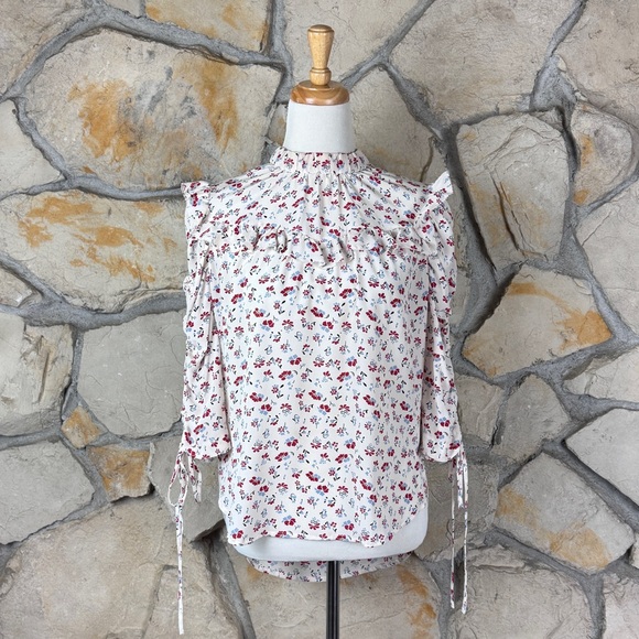 Veronica Beard Tie Neck Silk Top Ivory Ditsy Floral6